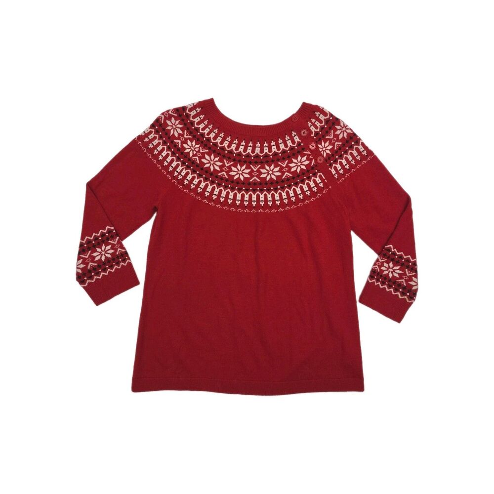 Talbots Sweater Fair Isle Red Wool Blend Women Sz Large Button Sequin 3/4 Sleeve